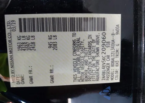 2019 Nissan Altima 2.5 Sl from USA, damaged, VIN 1N4BL4EV5KC209060